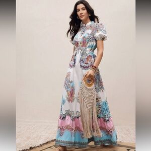 Floral boho Maxi Dress with Pink and Blue Accents